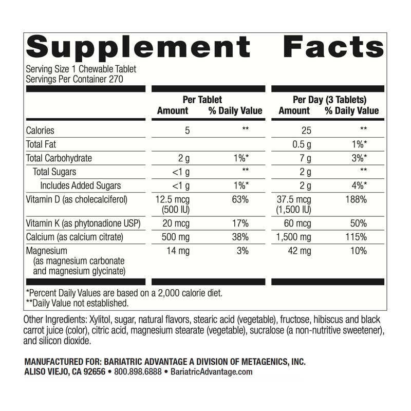 Bariatric Advantage Calcium Citrate Chewable 500mg with Vitamin D3 – Wild Cherry, 270 Count