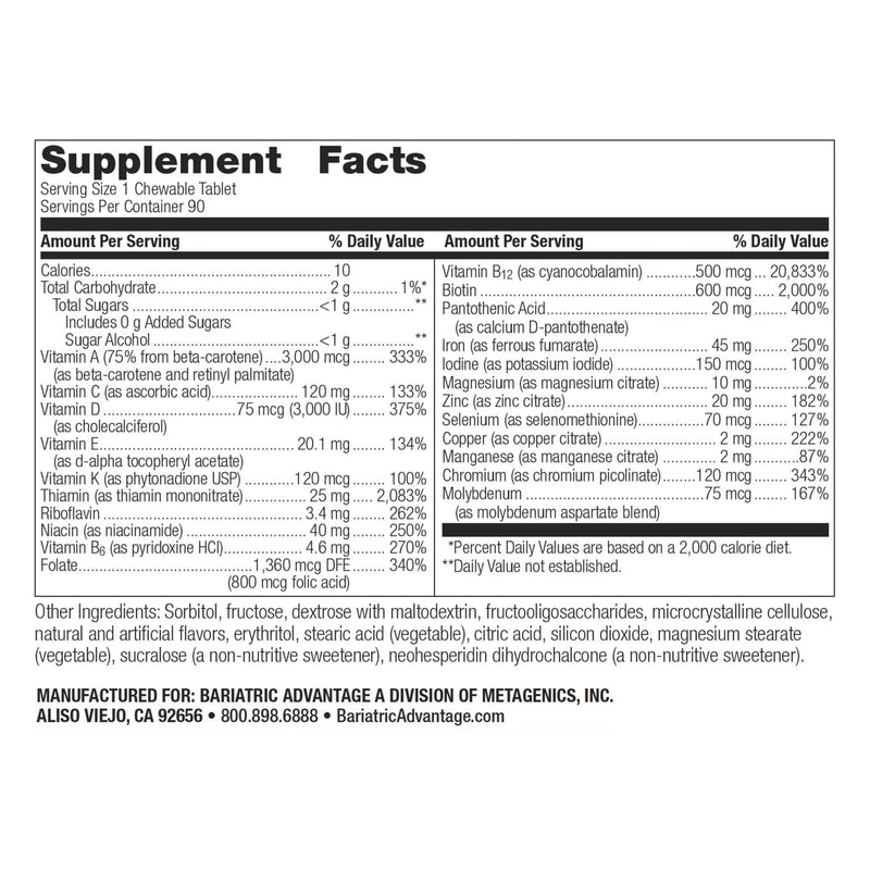 Bariatric Advantage Chewable Ultra Solo with Iron – Once-Per-Day Multivitamin for Bariatric Patients | Citrus | 90 Tablets