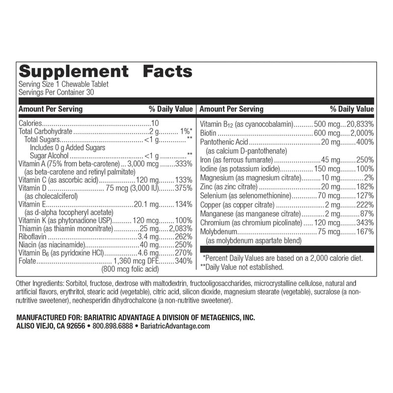 Bariatric Advantage Chewable Ultra Solo with Iron – One Daily Multivitamin (30 Tablets) – Gluten Free Citrus