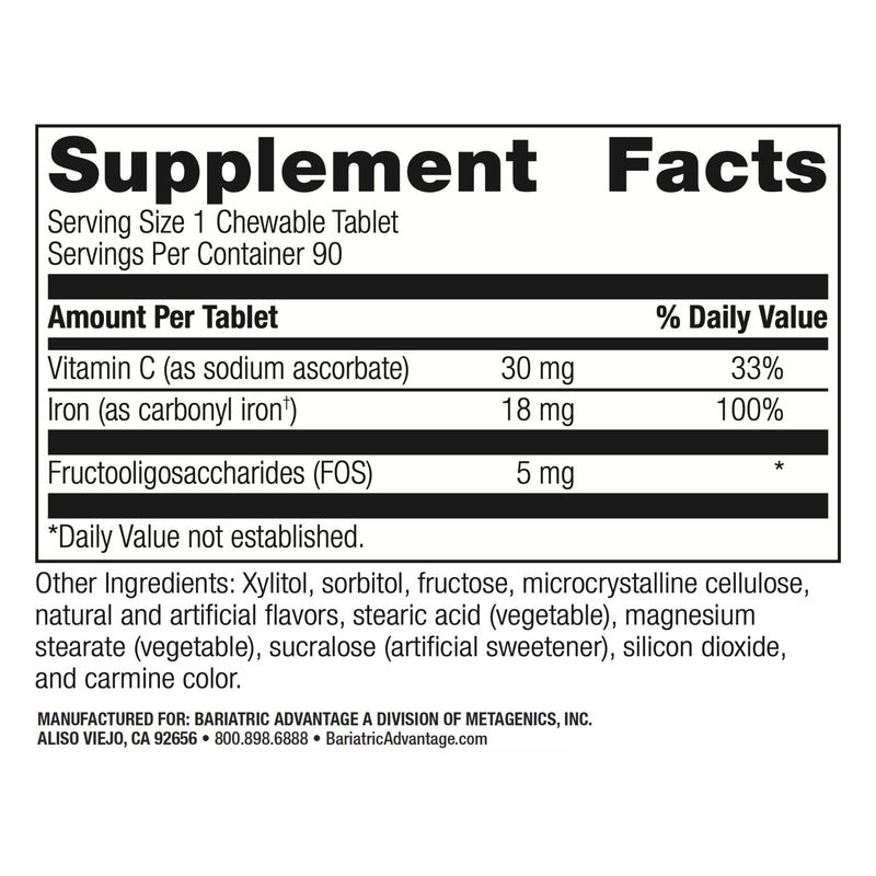 Bariatric Advantage Iron 18 mg with Vitamin C Chewable - Strawberry - 90 Tablets