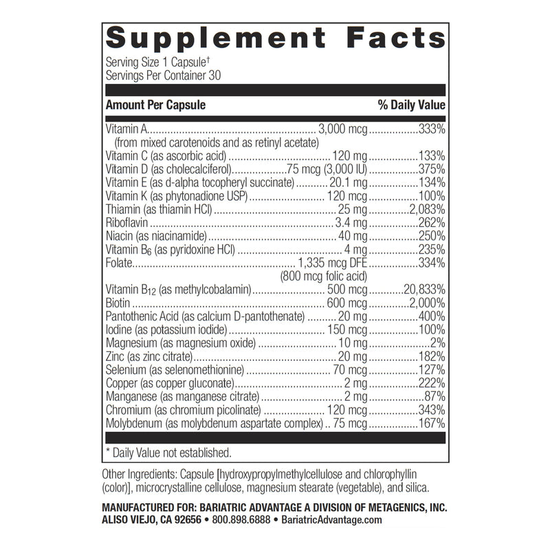 Bariatric Advantage Ultra Solo Without Iron – Once-Daily Bariatric Multivitamin (Gluten Free) 30 Count