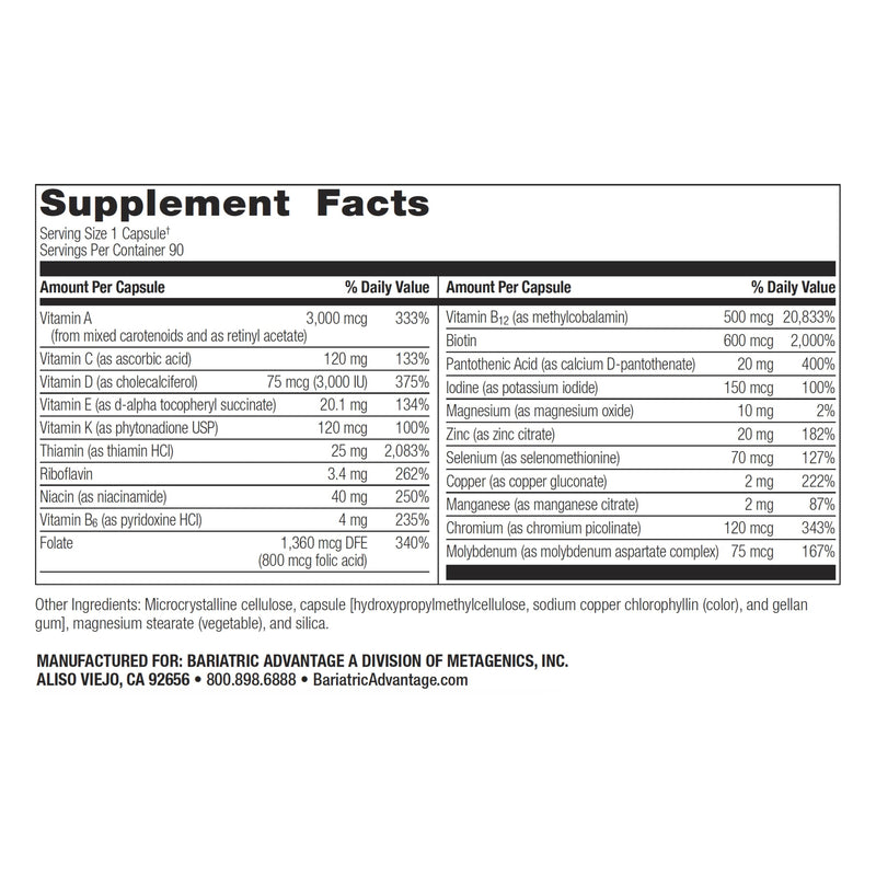 Bariatric Advantage Ultra Solo Without Iron – Once-Per-Day Bariatric Multivitamin (Gluten-Free) – 90 Count