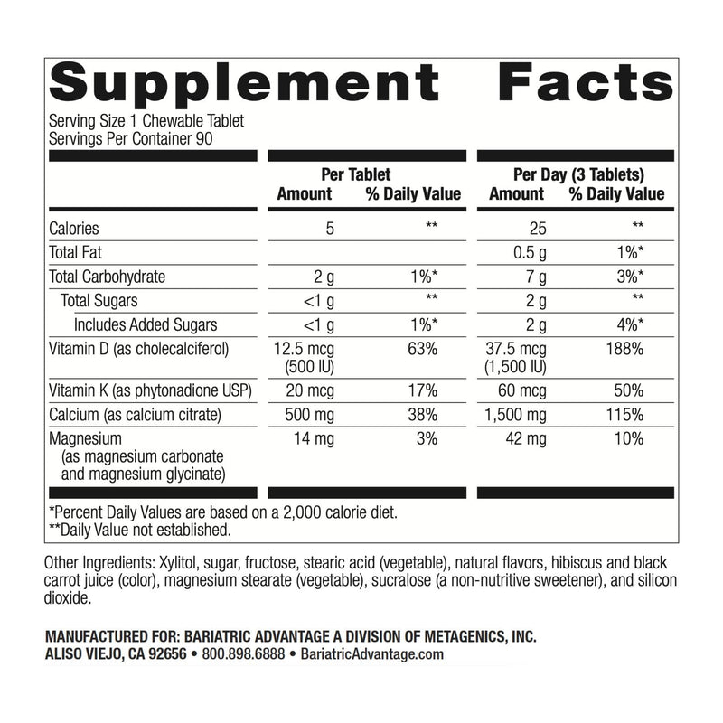 Bariatric Calcium Citrate 500mg Chewables with Vitamin D3 – 90 Count
