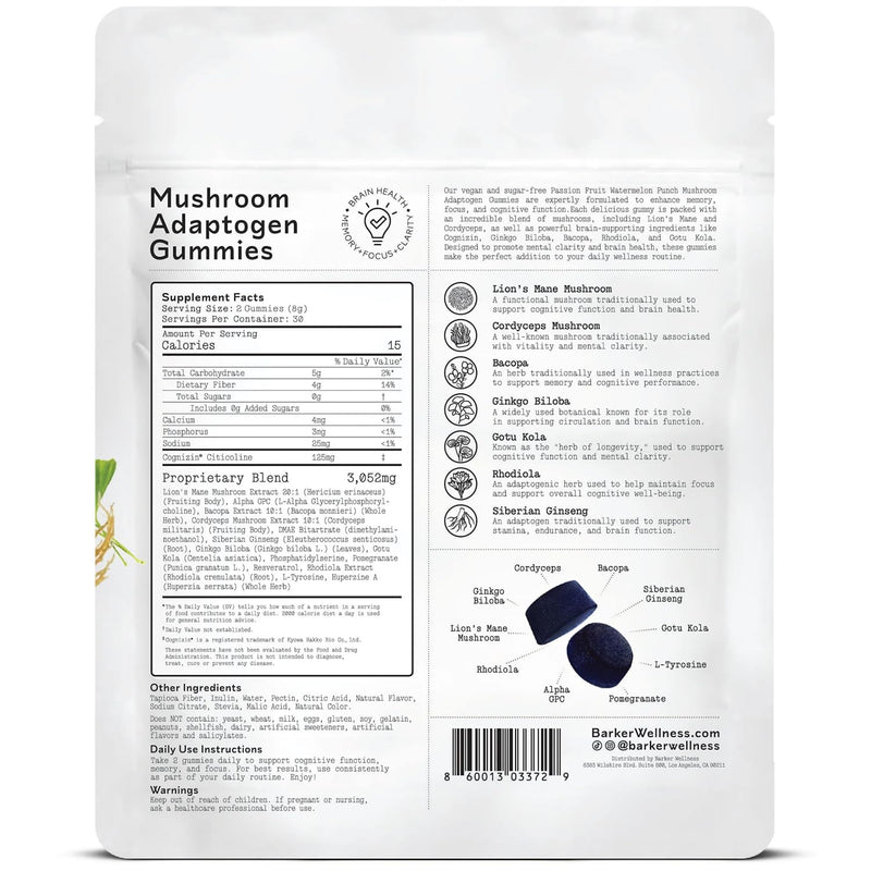 Barker Wellness Mushroom Adaptogen Gummies – Memory, Focus & Brain Health