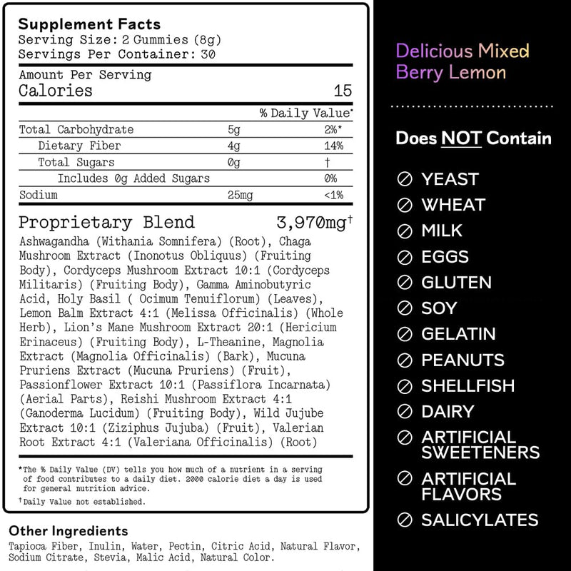 Barker Wellness Nighttime Mushroom Gummies – Vegan, Sugar-Free Adaptogen Gummies with Reishi, Lion’s Mane, Chaga, Cordyceps | Non-GMO 60 Count
