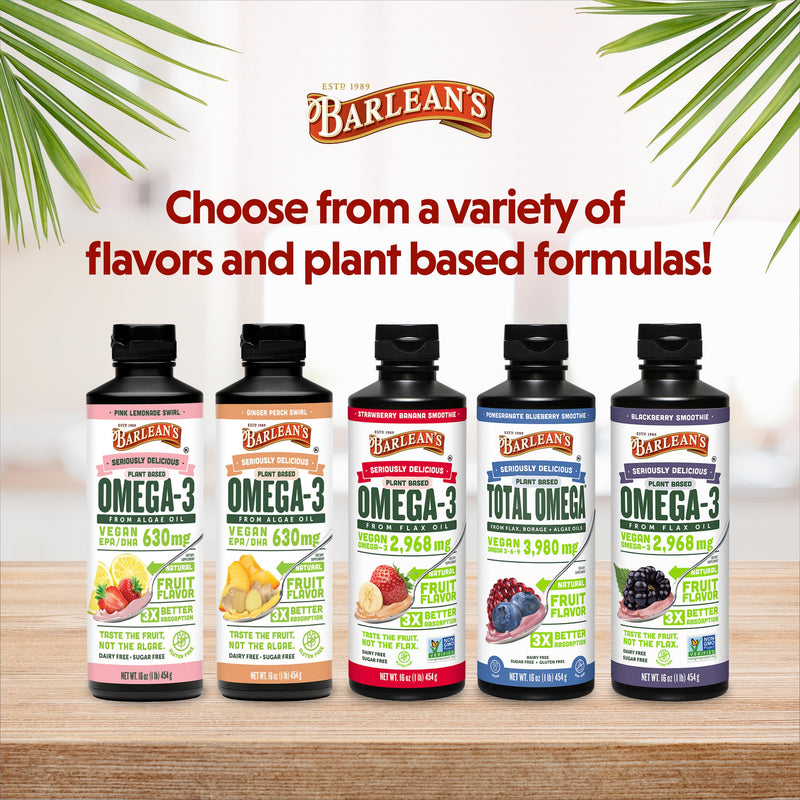 Barlean's Strawberry Banana Flaxseed Oil Liquid – Vegan Omega-3-6-9, 2,968 mg, Non-GMO, Gluten Free, 8 oz