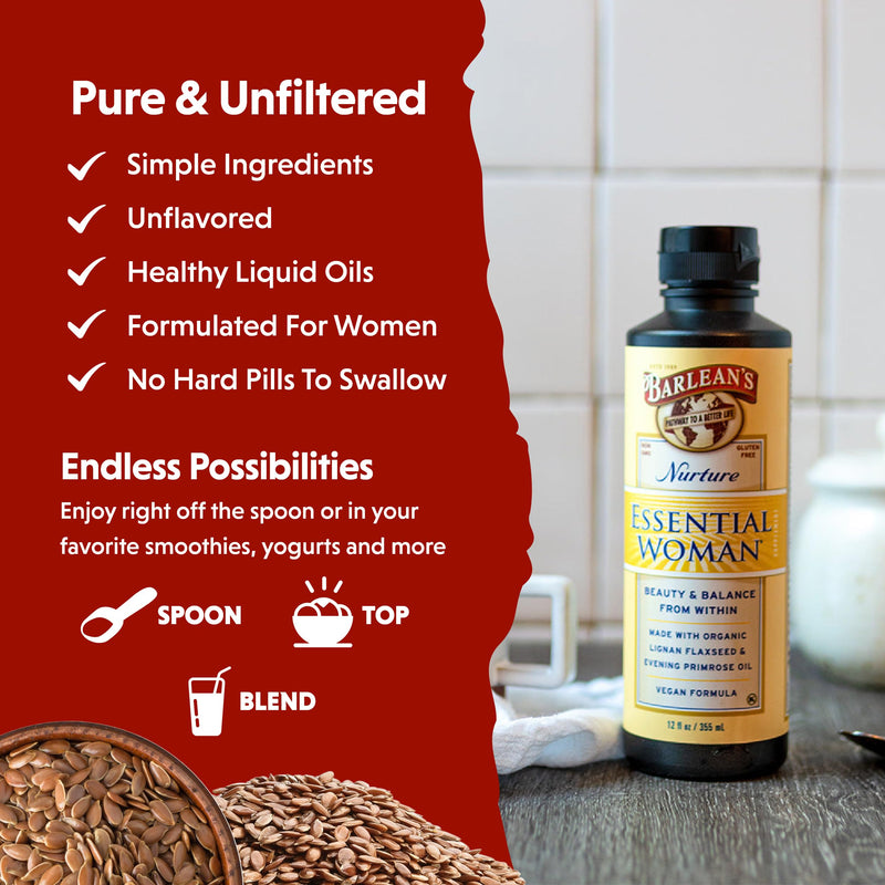 Barlean's Essential Woman Liquid Supplement – 12 oz, Omegas 3-6-9, Flaxseed & Evening Primrose Oil
