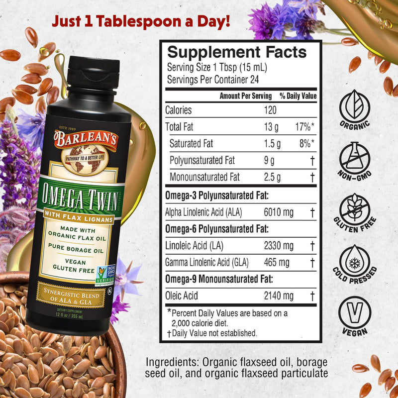 Barlean's Omega Twin Liquid Flaxseed Oil & Borage Oil with Lignans – 12 oz