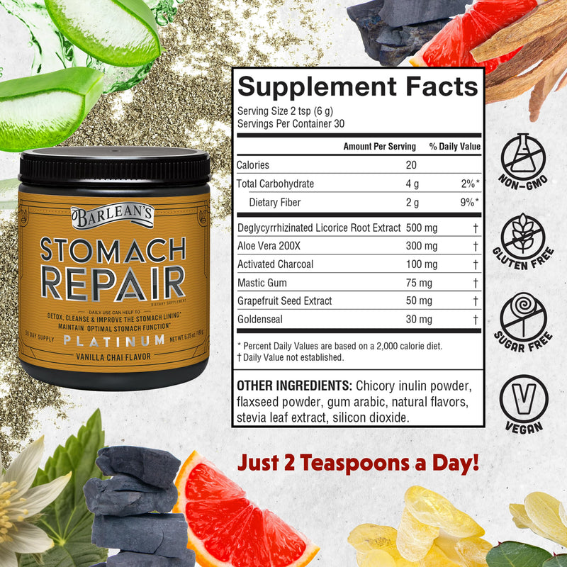 Barlean's Stomach Repair Gut Health Powder – Detox & Digestive Support (Vanilla Chai, 6.35 oz)