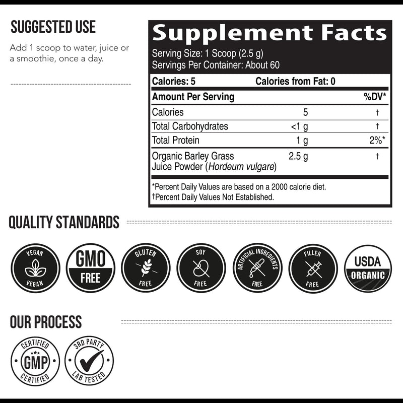 Organic Barley Grass Juice Powder – Utah Volcanic Soil, Raw & BioActive, Cold-Pressed CO2 Dried, Gluten Free, GMO Free, Vegan – 5.3 oz
