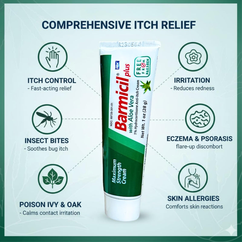 Barmicil Plus Cream 1% Hydrocortisone – Itch Relief for Skin Allergies with Aloe Vera