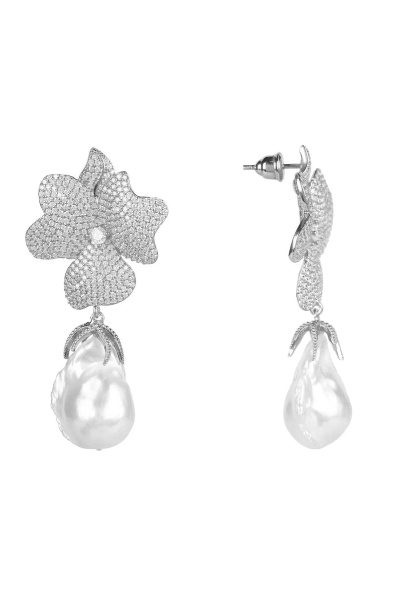 Baroque Pearl White Flower Drop Earring Silver