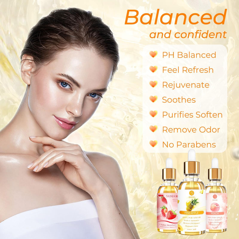 BASSI 3 Packs Yoni Oil for Women – All-Natural Feminine Care (Strawberry Pineapple Peach Scent)