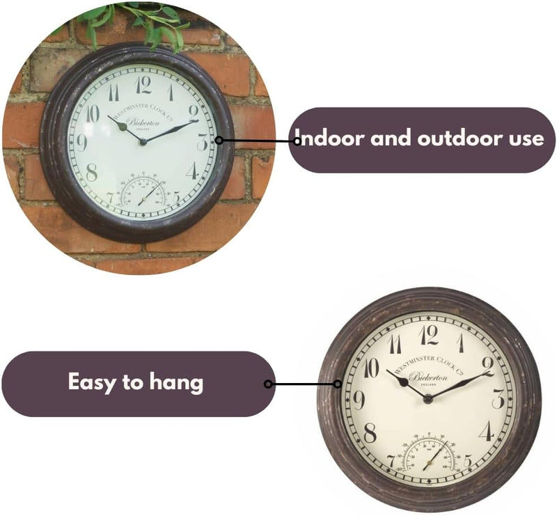 30cm Vintage Wall Clock with Thermometer Weatherproof Metal