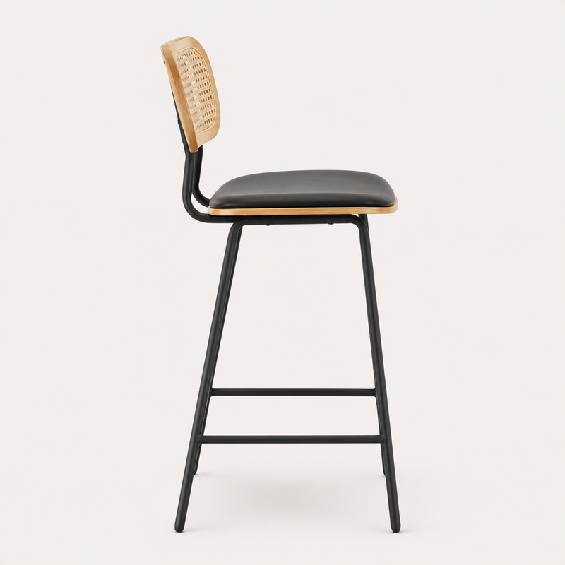 Sora Set of 2 Rattan Frame Black Bar Stools