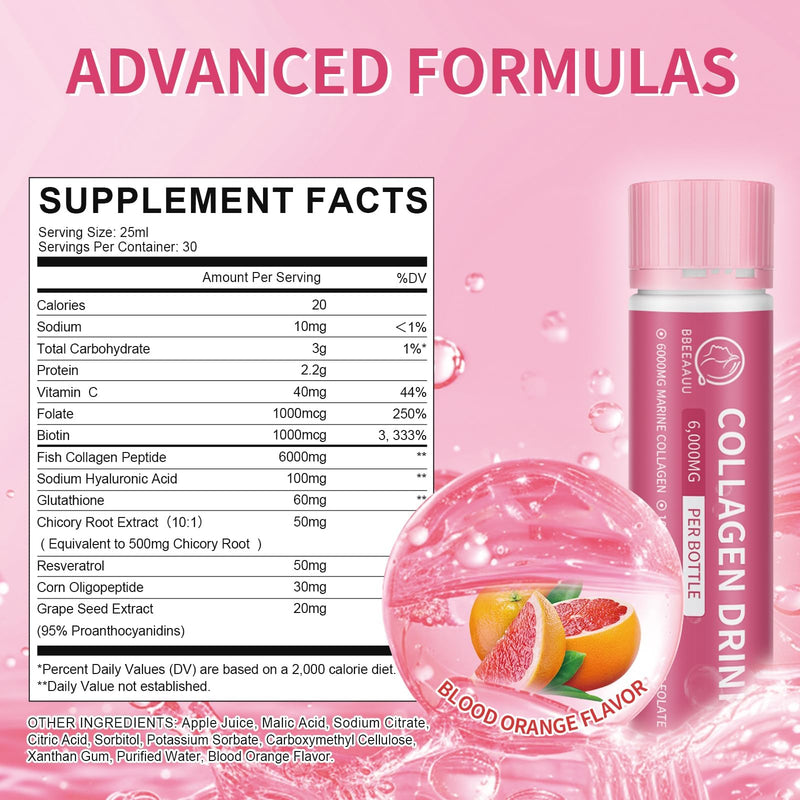 BBEEAAUU Collagen Drink 6000 mg Marine Collagen – Liquid Shots for Skin, Hair & Nails
