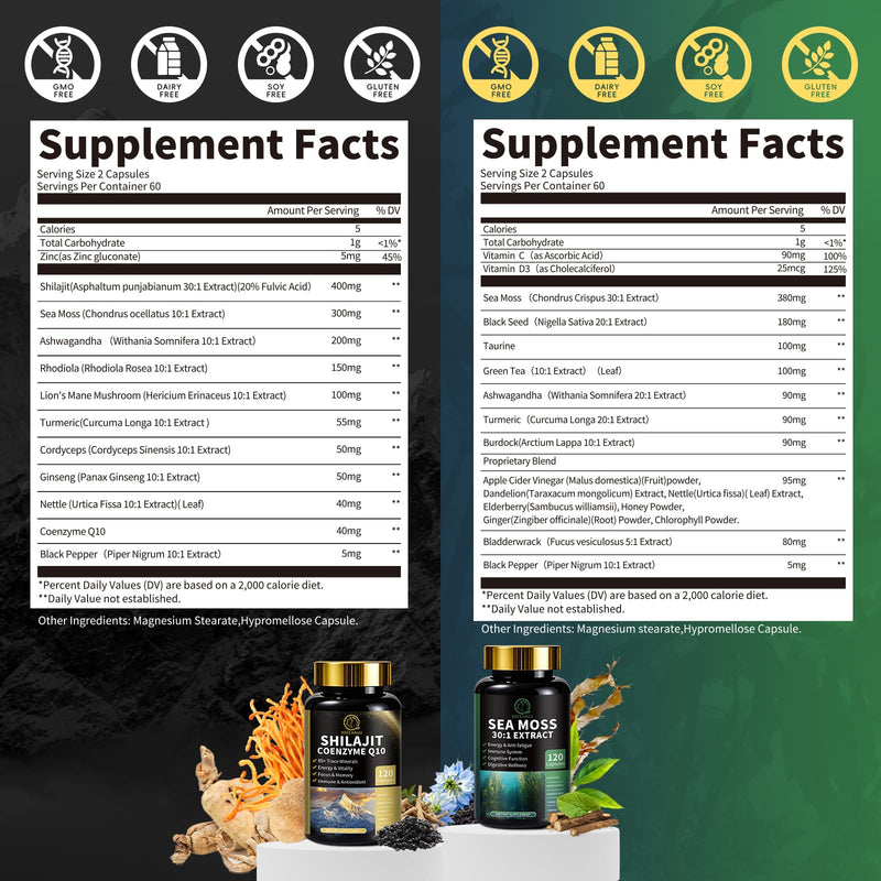 BBEEAAUU Sea Moss & Shilajit Bundle - Energy & Immunity, 480 Capsules