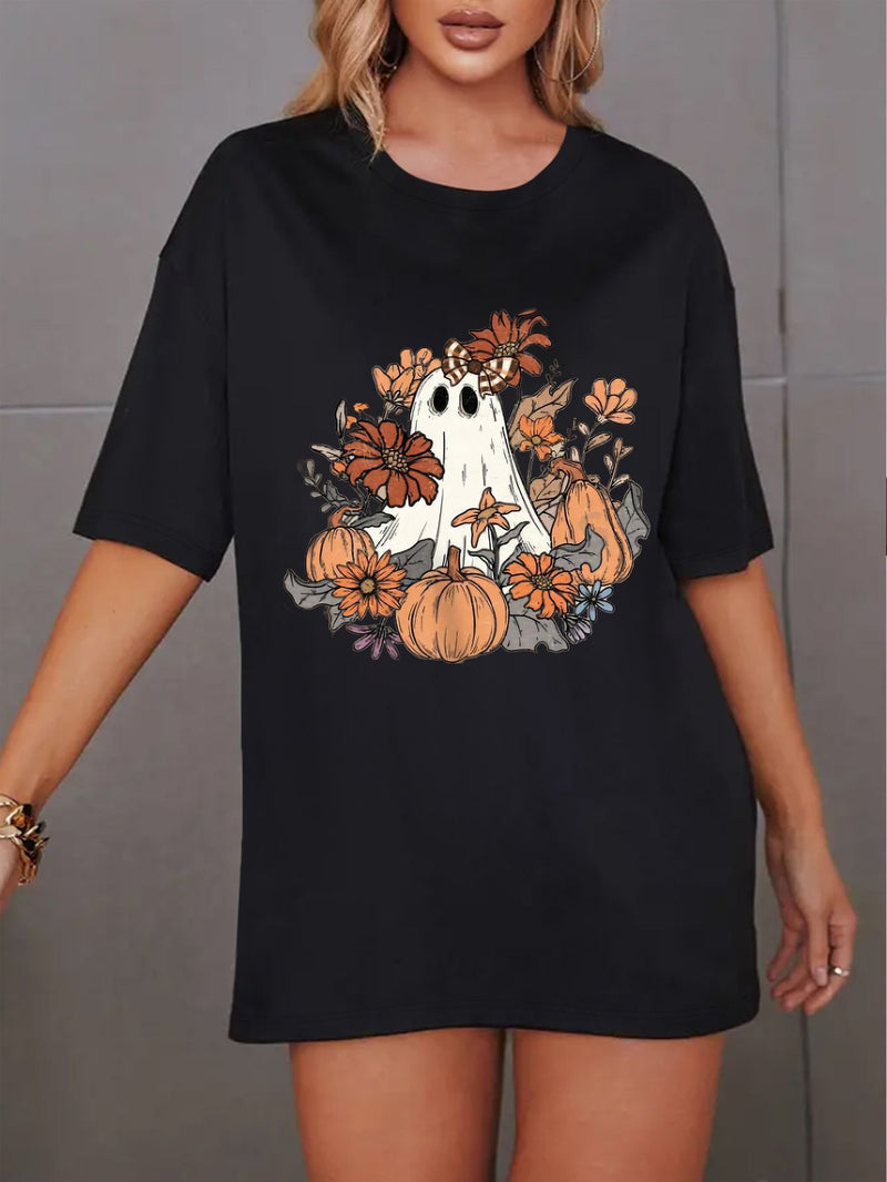 Women's Round Neck Halloween Pumpkin Print Short Sleeve