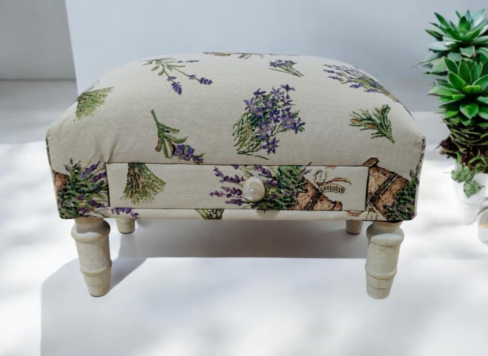 LAVENDER FABRIC FOOTSTOOL WITH DRAWER