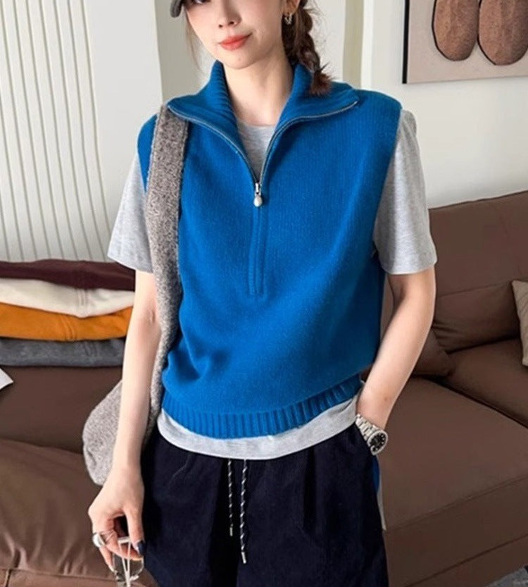 Retro Half Zipper Sleeveless Knit Vest