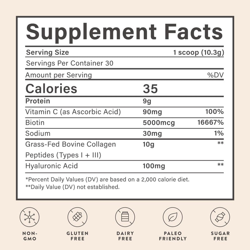Beam Collagen Powder for Women with Hyaluronic Acid & Biotin – Grass-Fed, 60 Servings