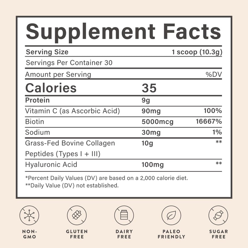 Beam Collagen Powder for Women – Grass-Fed Collagen Peptides 1 & 3 with Hyaluronic Acid, Biotin, & Vitamin C | 30 Servings