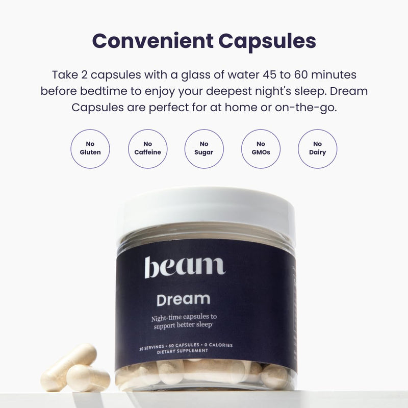 Beam Dream Sleep Capsules – Natural Sleep Aid with Magnesium, Melatonin & L-Theanine | 30 Servings