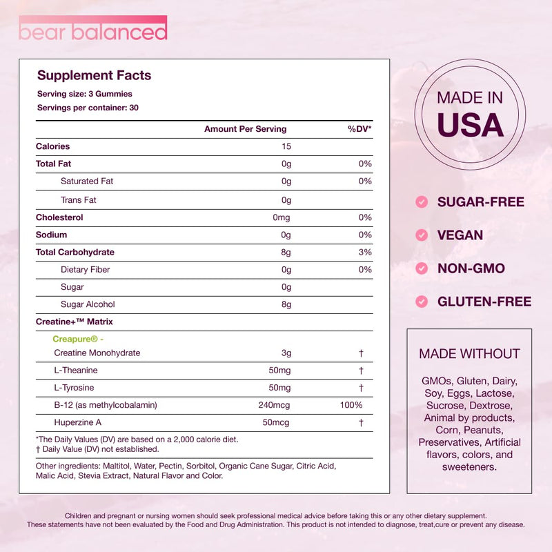 Bear Balanced Creatine Gummies with Creapure Monohydrate, L-Theanine & B12 – Focus, Energy & Strength (Vegan, Sugar-Free, Low-Calorie)