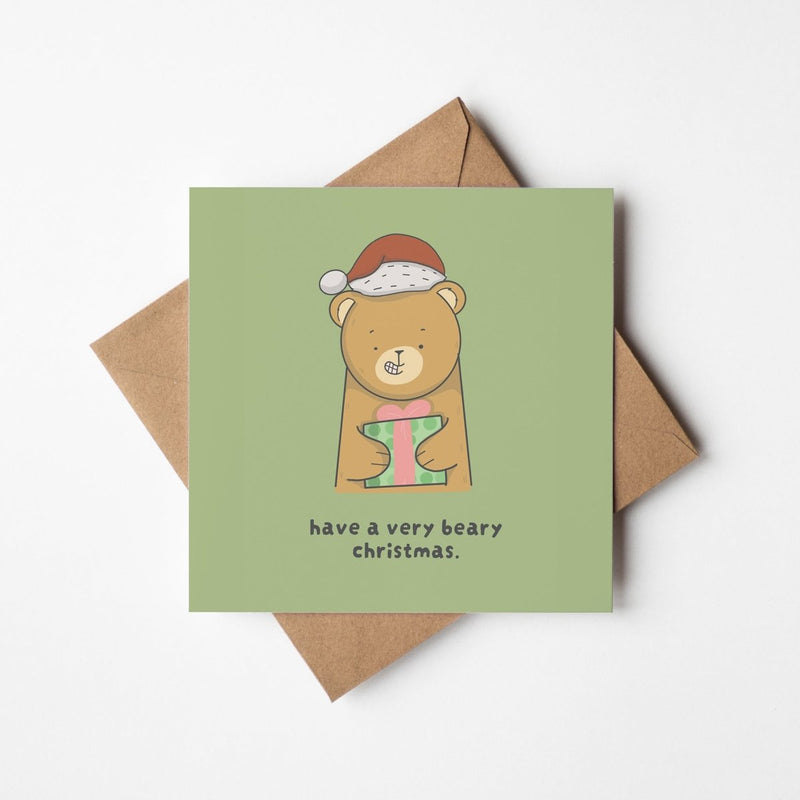 Beary Christmas Card – Cute Kawaii Bear Holiday Greeting with Santa Hat