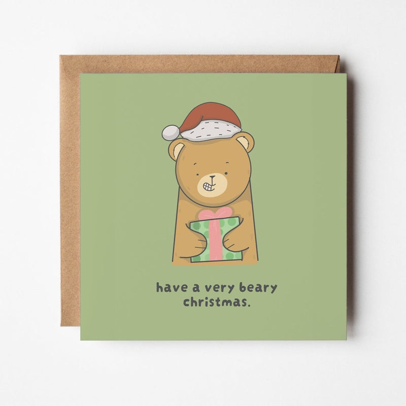 Beary Christmas Card – Cute Kawaii Bear Holiday Greeting with Santa Hat