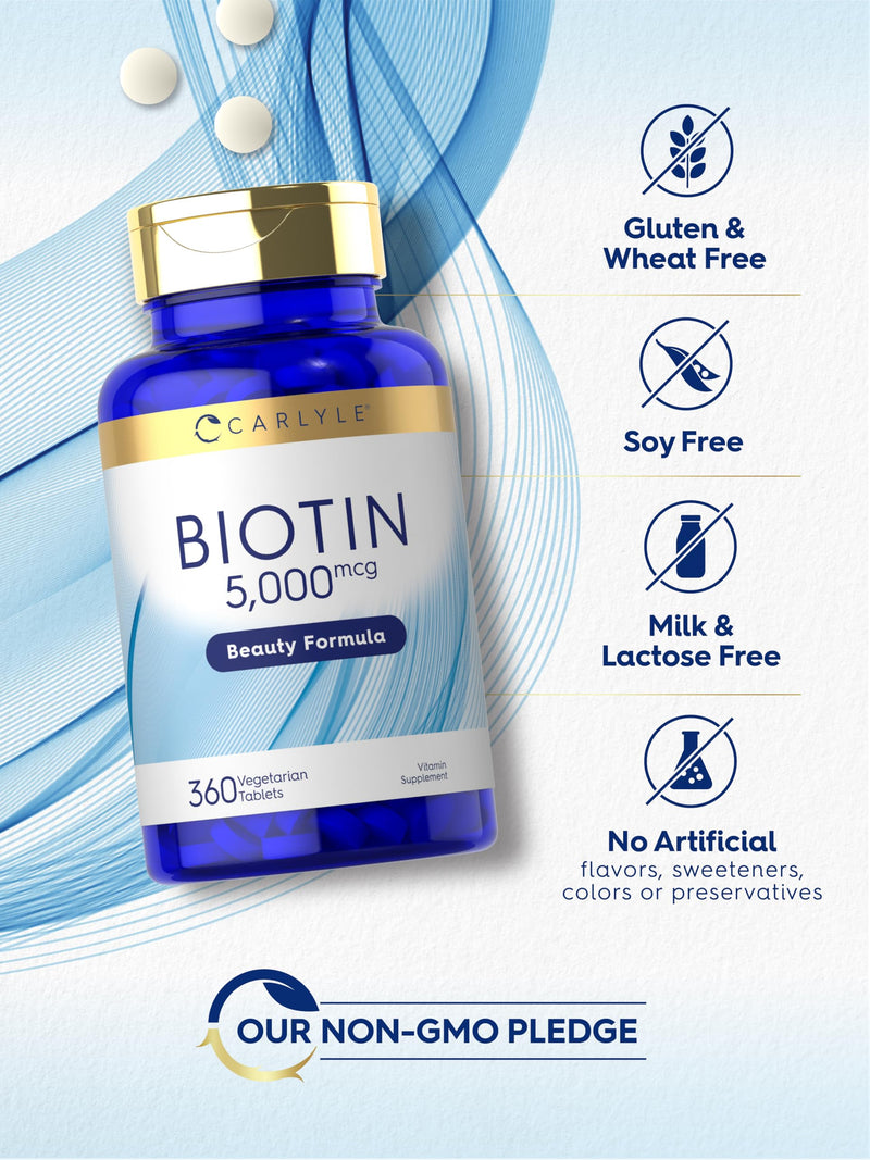 Carlyle Biotin 5000 mcg – 360 Vegetarian Tablets | Non-GMO, Gluten-Free
