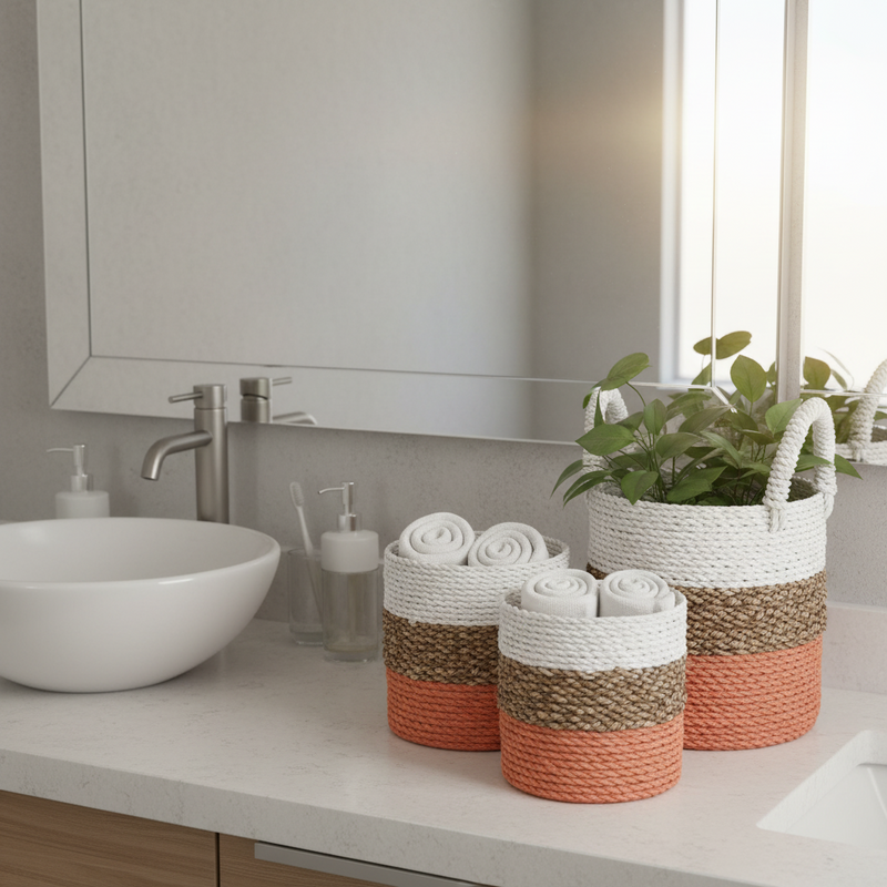 Set of 3 Orange Seagrass Storage Baskets 14-16-17 cm