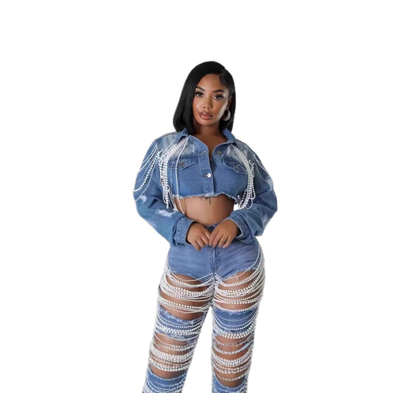 Fashionable Pearl-Chain Hand-Embroidered Beaded Denim Jacket