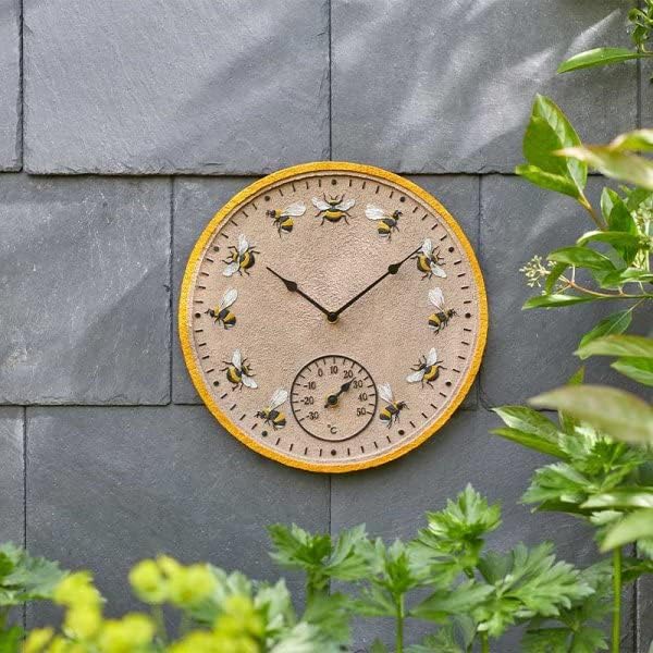 Bee Wall Clock with Thermometer 12 Inch Weather Resistant