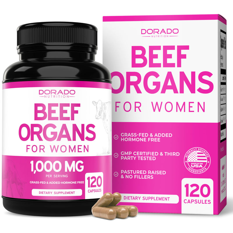 Beef Organ for Women - Grass-Fed Liver, Heart, Kidney & Uterus | 1000mg | 120 Capsules | USA Made