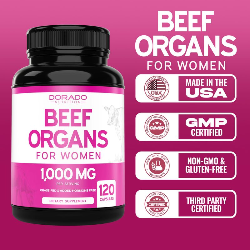 Beef Organ for Women - Grass-Fed Liver, Heart, Kidney & Uterus | 1000mg | 120 Capsules | USA Made