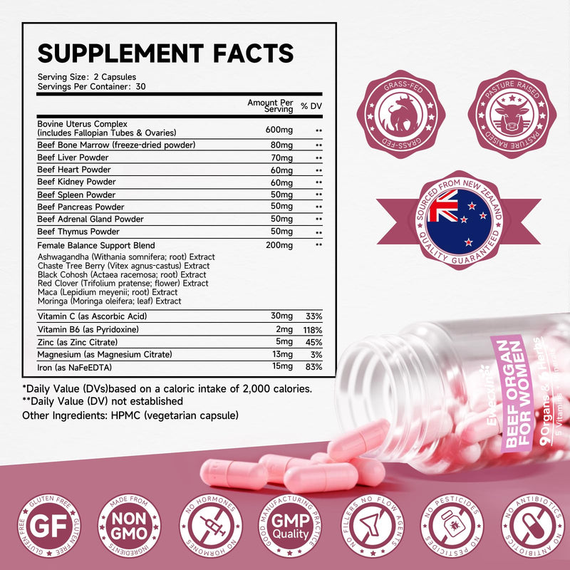 Beef Organs for Women – 600mg Uterus, Liver, Kidney & Heart | Hormone Support