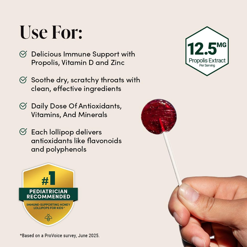 Beekeeper's Naturals Kids Throat Soothing Lollipops – Mixed Berry & Elderberry, Doctor-Formulated Immune Support, Vitamin D & Honey, 15 ct