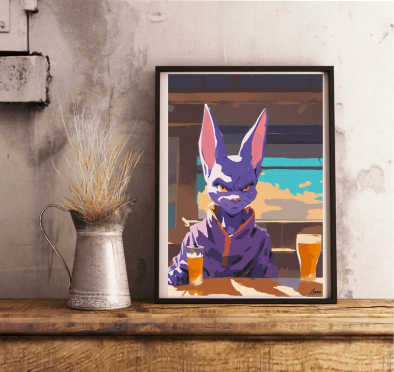 Cosmic Cat Bar Scene – Whimsical Beerus Fan Art