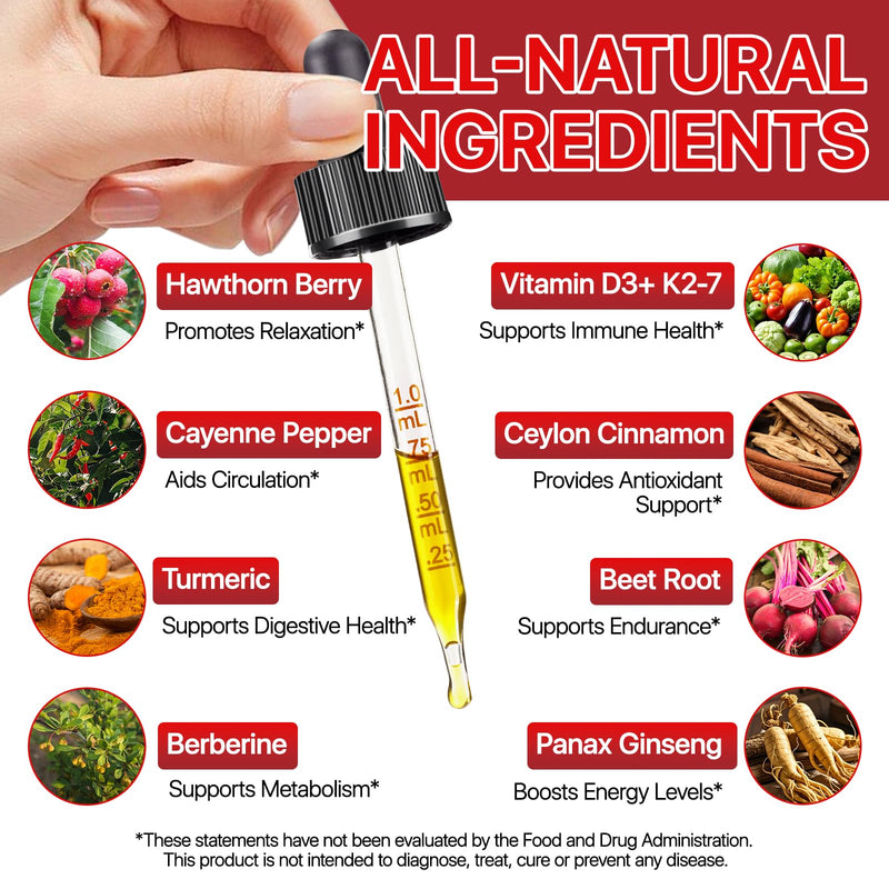 Cayenne Pepper Drops Liquid Supplement with Organic Extract, Hawthorn Berry, Beet Root Powder, Vitamin K2 & D3, Ceylon Cinnamon