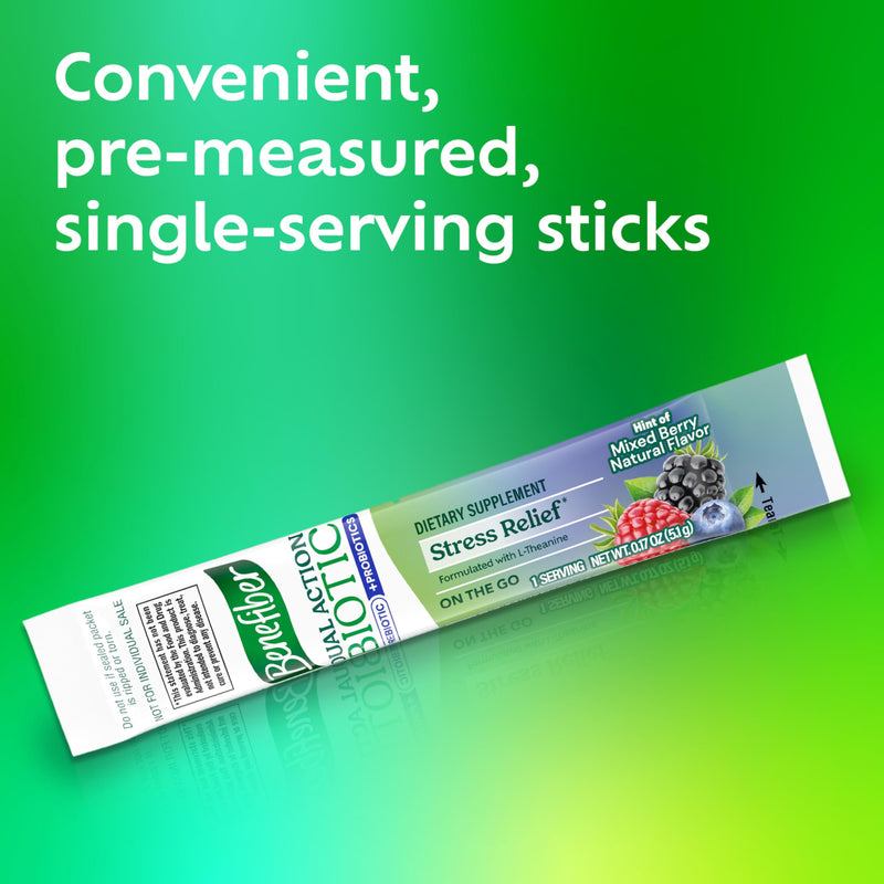 Benefiber Dual Action Biotic Plus Stress Relief – 18 Count Stick Packs | Digestive Health & Calm