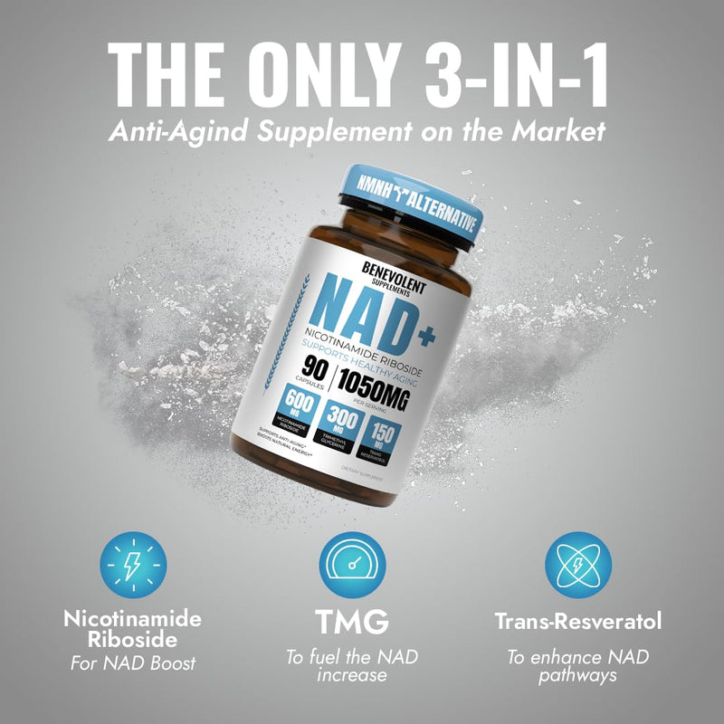 Benevolent NAD+ Supplement 1050mg | 3-in-1 NAD+ for Energy, Brain & Aging | 90 Caps
