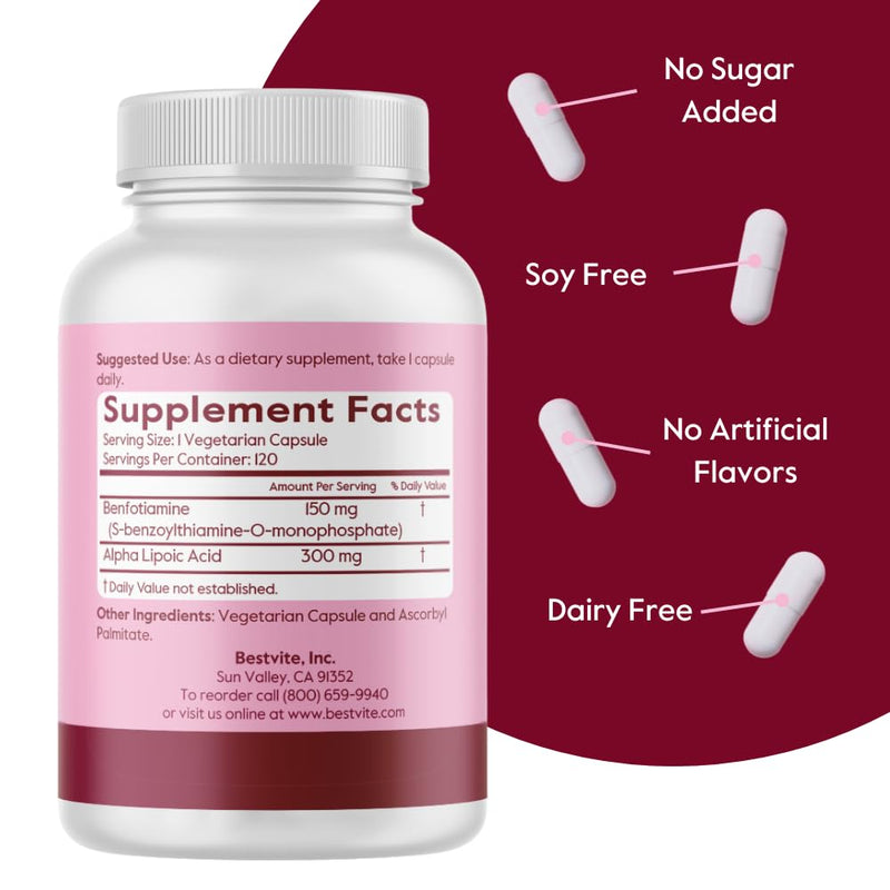 Benfotiamine 150mg + Alpha Lipoic Acid 300mg - 120 Veg Capsules | No Stearates, Vegan, Gluten Free, Non-GMO