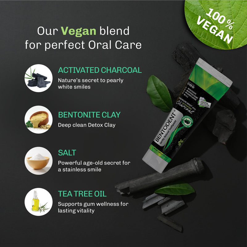 Bentodent Fluoride-Free Charcoal Toothpaste with Bentonite Clay | Natural Vegan Whitening