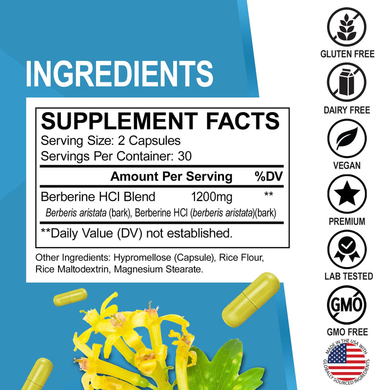Berberine Supplement Capsules - 1200mg Berberine HCL Supplement for Healthy Metabolic Support - Premium Natural Complex for Women & Men, Pure Support Capsules Supplements - 60 Pills