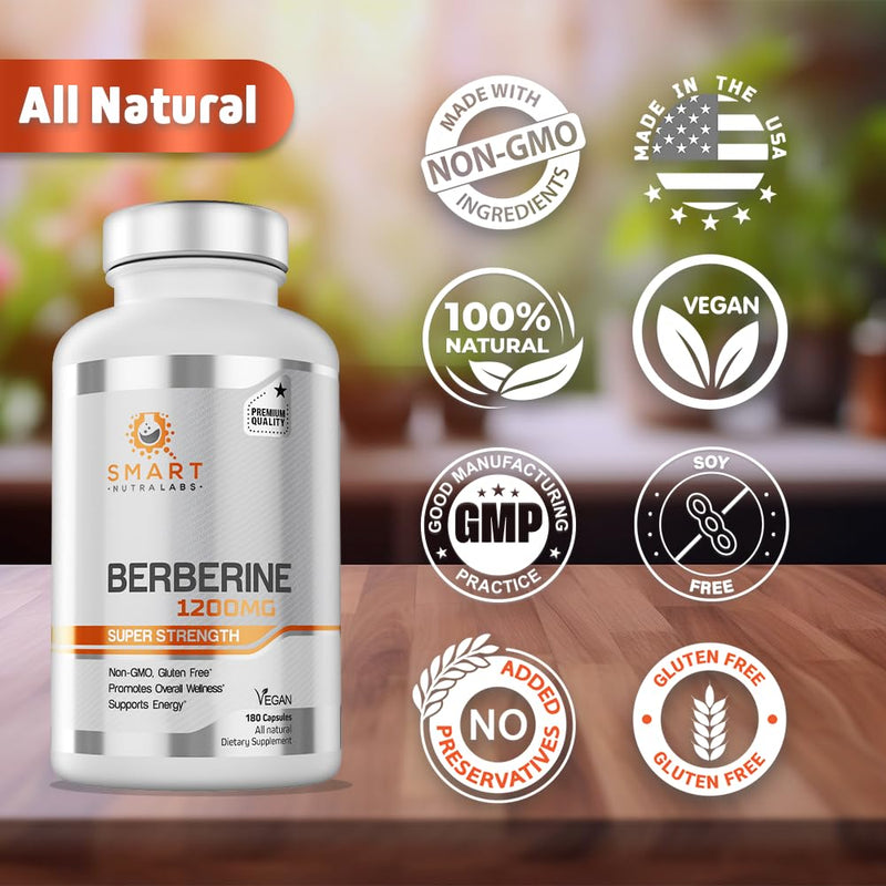 Smart Nutra Labs Berberine HCL 1200mg - 180 Vegan Capsules | Non-GMO, Gluten Free