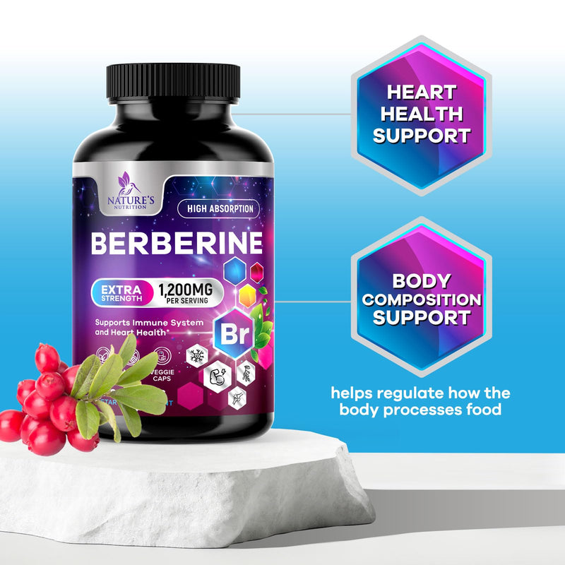 Berberine HCL 1200mg Supplement – High-Absorption Berberine HCL Capsules for Heart Health & Immune Support | Vegan, Gluten-Free, Non-GMO – 60 Veggie Capsules