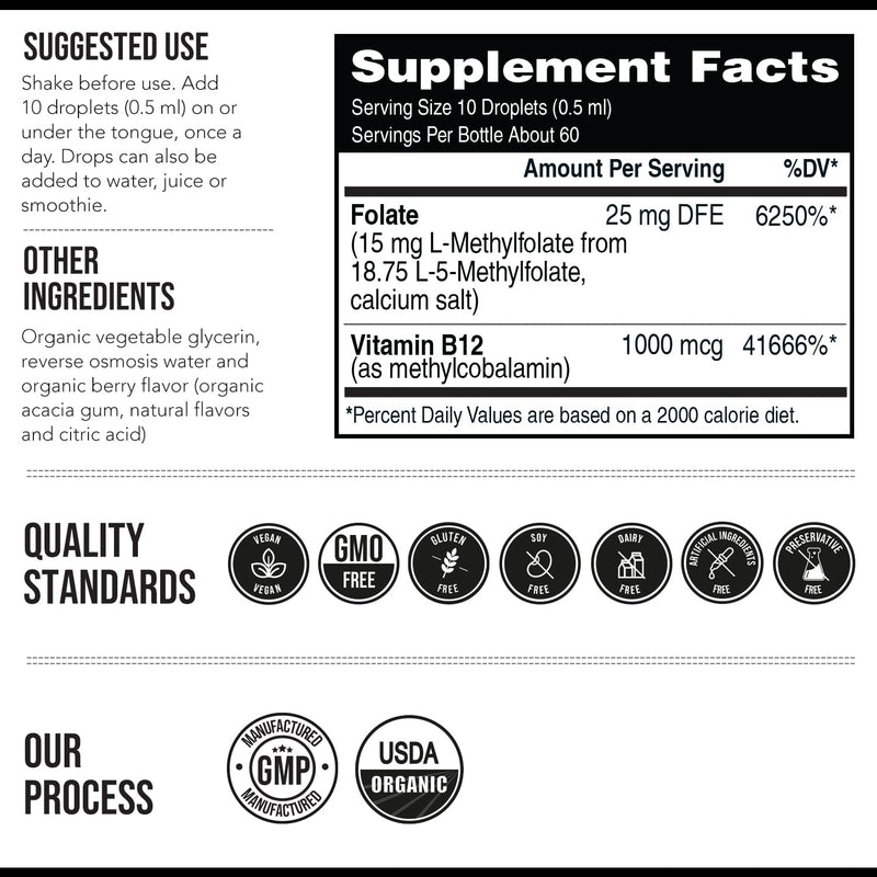 L-Methyl Folate 15mg + Methyl B12 Cofactor – Organic Berry Flavor, High Potency Liquid Sublingual 5-MTHF Calcium Salt | Supports Mood, Methylation & Cognition (1oz)