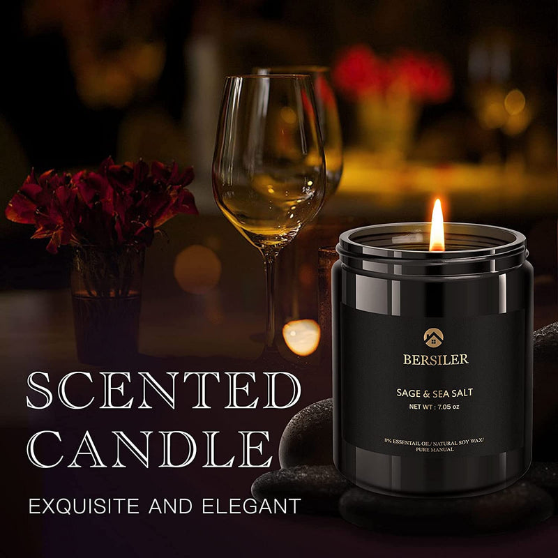 Bersiler Sage & Sea Salt Scented Candles for Men – Aromatherapy, Black Jar