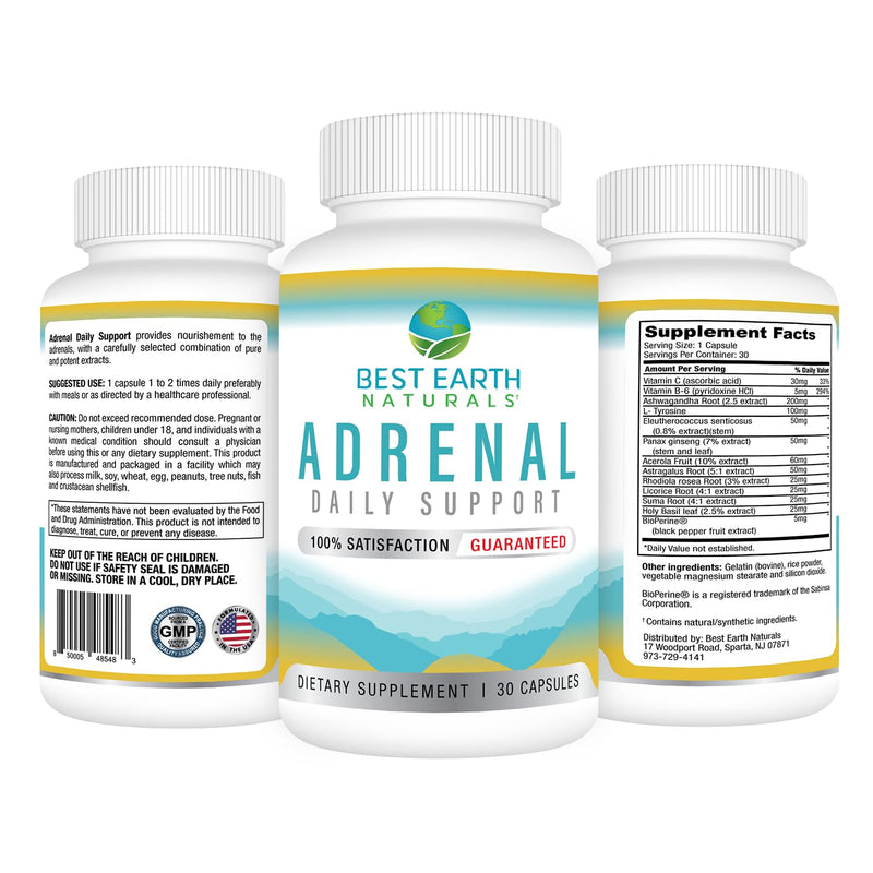 Best Earth Naturals Adrenal Support for Adults – Holy Basil, B Vitamins, L-Tyrosine, Rhodiola Rosea, Ashwagandha